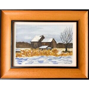 Framed Original Watercolor Painting Barn Pastoral Country Winter Snow Signed 7x9